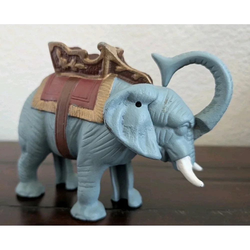 Vintage Cast Iron Elephant Mechanical Coin Bank Trunk Up Howdah Saddle Figurine